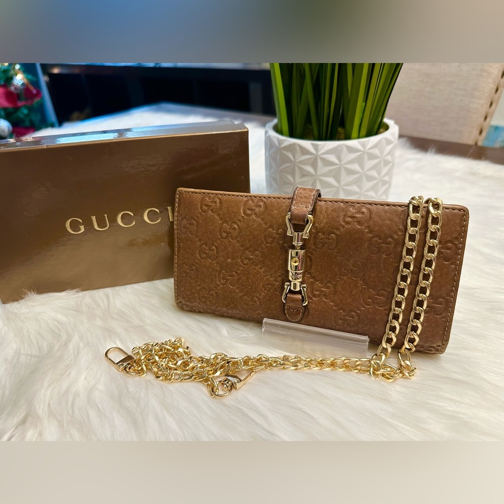 Gucci Tan Leather Embossed Logo Long Wallet with Box